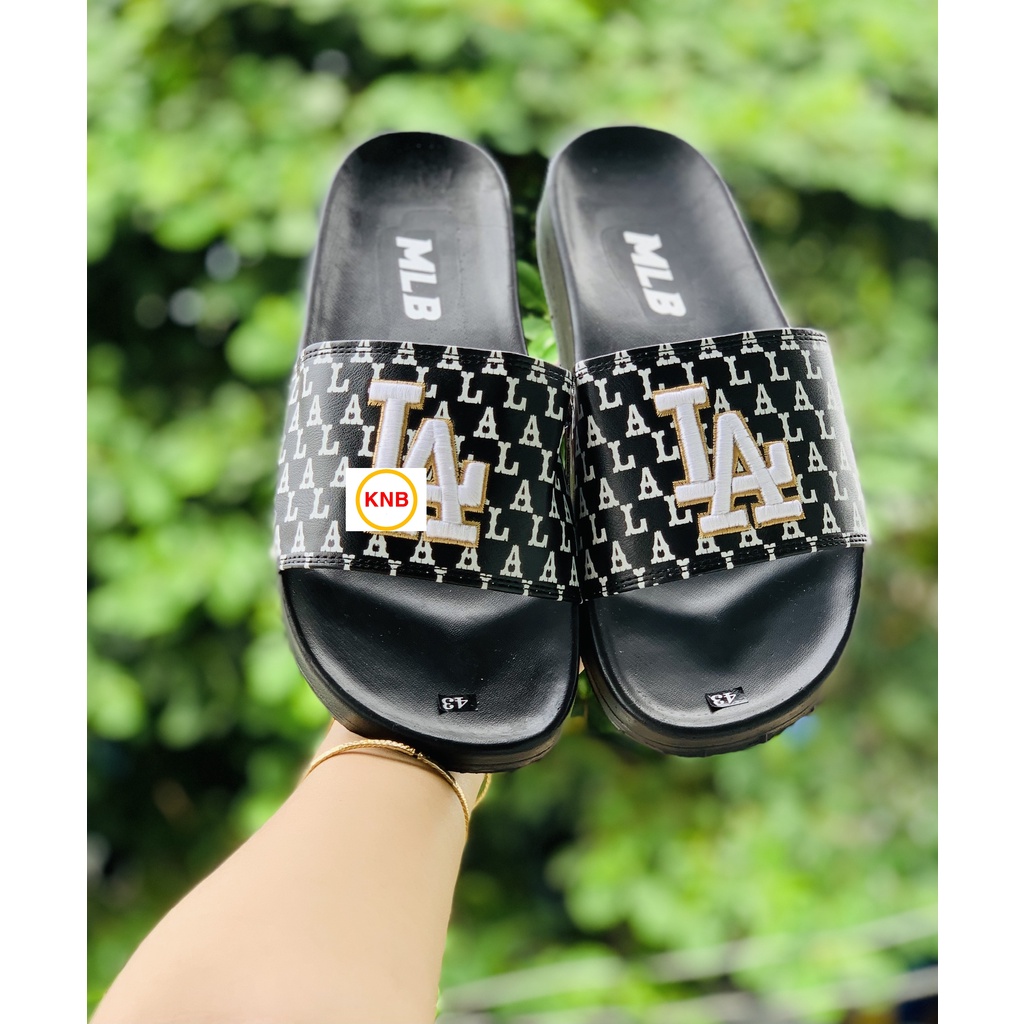 Dép 𝐌𝐋𝐁 UNISEX mẫu dép thể thao ❤️Freeship + Hộp ❤️ Dép LA bóng chày quai ngang nam nữ chữ thêu nỗi kèm tag mác full đen