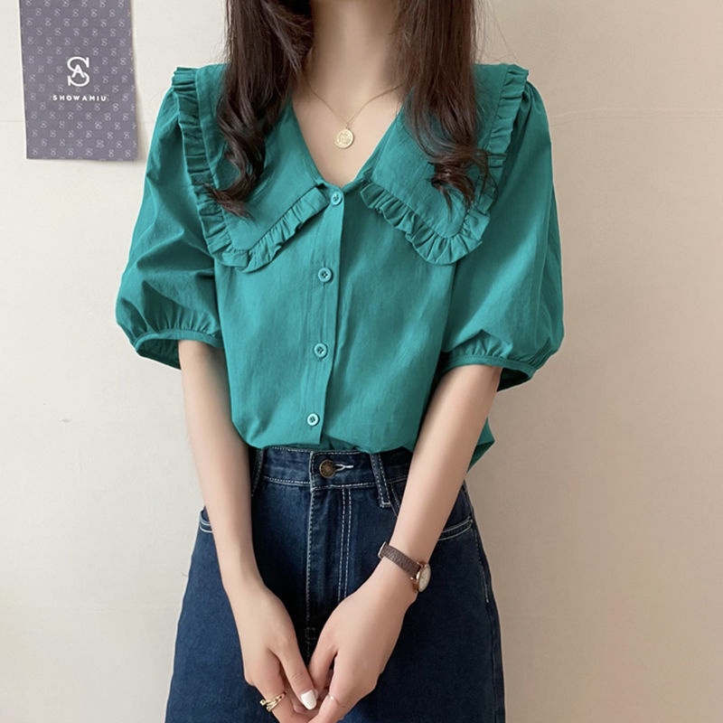 Áo Sơ Mi Tay Ngắn Cổ Búp Bê Phong Cách Pháp 164152 Áo Sơ Mi Màu Sắc Ngọt Ngào Dáng Ôm Phong Cách Phương Tây