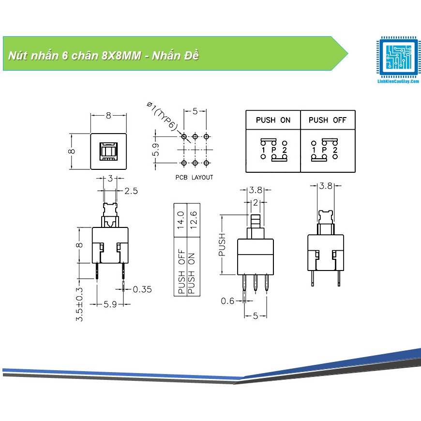 Nút nhấn 6 chân 8X8MM - Nhấn Đề