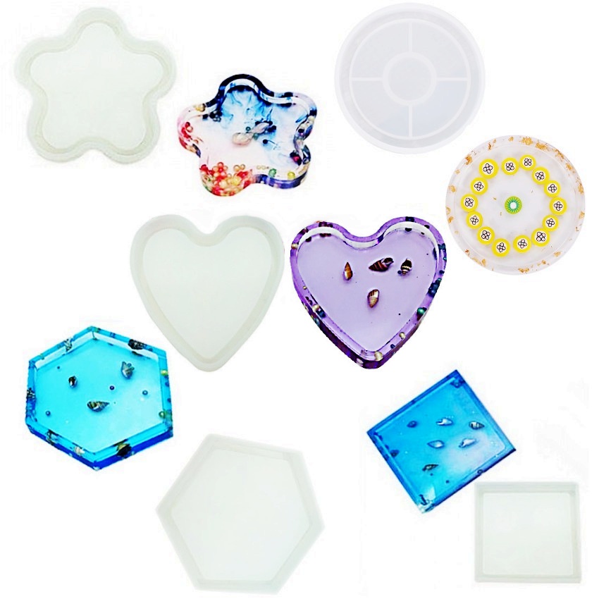 Khuôn silicon đổ resin UV tạo lót ly DIY hình lục giác, tròn, trái tim, khuôn đúc nhựa resin