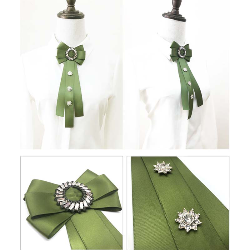 Cà Vạt Nơ Đeo Cổ Màu Xanh Ô Liu Đính Pha Lê Kèm Ghim Cài Áo Cho Nữ