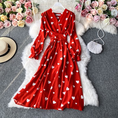 Đầm Tay Dài Cổ Chữ V In Họa Tiết Hoa Phong Cách Hàn Quốc Thời Trang Cho Nữ