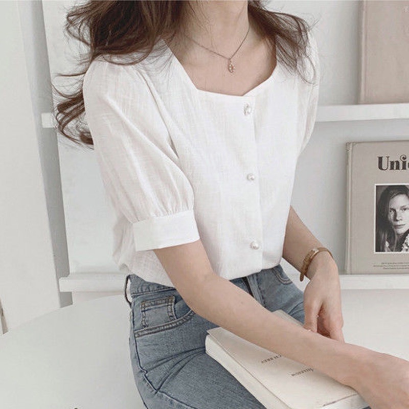 Áo sơ mi RENJIANVSHENG 168521 tay ngắn vải lanh cotton màu trơn cổ vuông dáng rộng đơn giản hợp thời trang