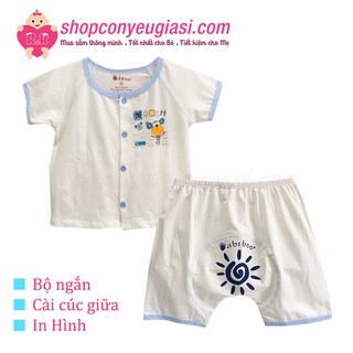 Bộ Áo Quần Ngắn Cài Giữa 4c In Hình Babiboo Trắng Viền Màu - 100% Cotton