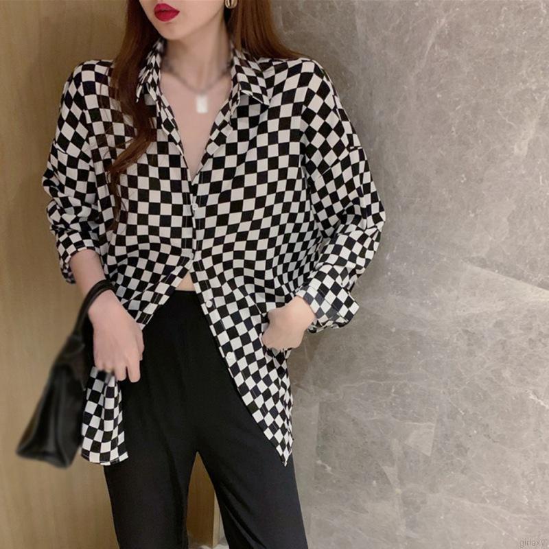 Áo sơ mi caro tay dài dáng rộng phong cách Hàn Quốc cho nữ