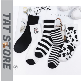 Combo tất nữ cổ cao sọc trơn hoạt hình hình thú bò sữa trắng đen siêu cute đáng yêu TẤT STORE 2CCF6a