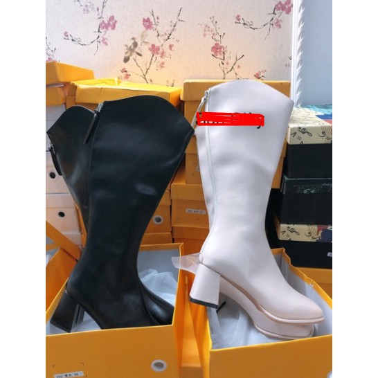 Bốt nữ đùi da lì thời trang, Bốt nữ thời trang boots cổ vát cao gót5p khóa sau phong cách công sở Hàn Quốc mùa đông 2021