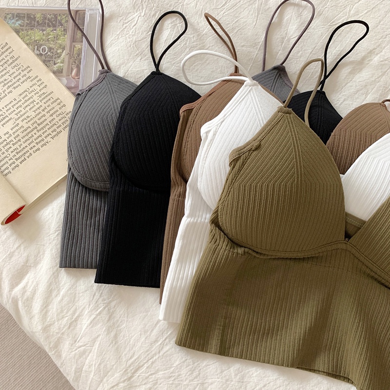 Áo bra cotton gân tăm cổ tim hai dây đệm mút liền