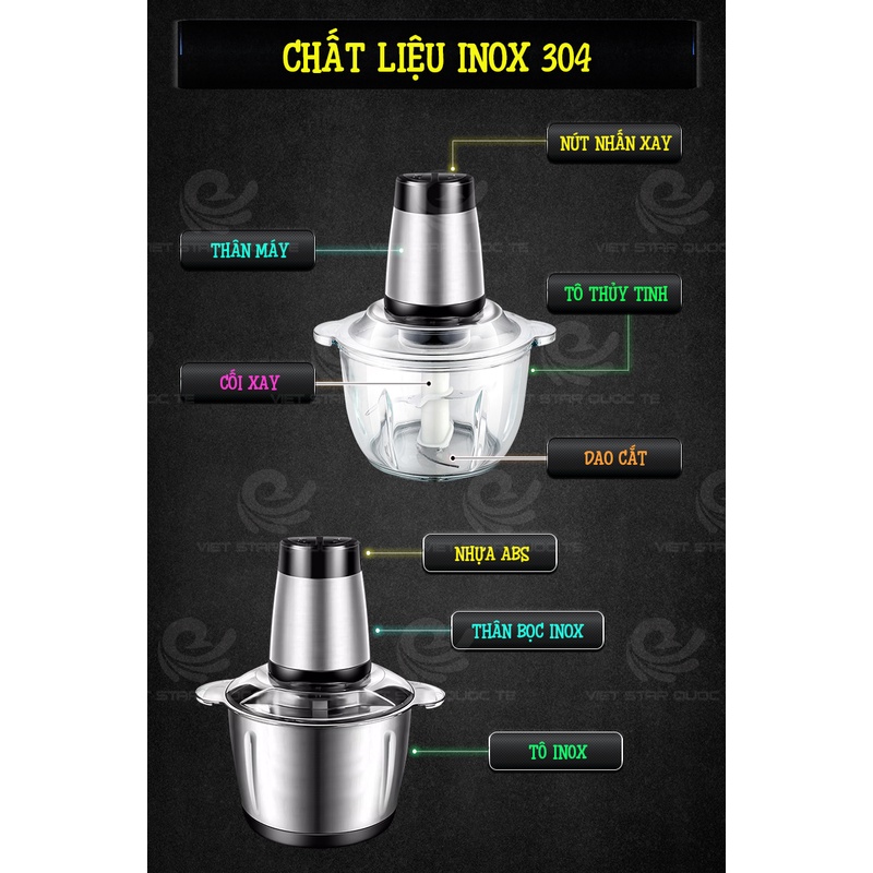 Máy xay thịt inox không gỉ & thủy tinh cao cấp, nhựa ABS, công suất 250W, dung tích 2 lít, chính hãng bảo hành 12 tháng