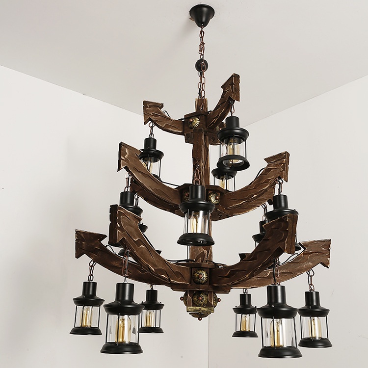 Đèn chùm gỗ thả trần hình mỏ neo tàu thủy phong cách Retro cổ điển trang trí nhà hàng resort,phòng ăn, quầy bar