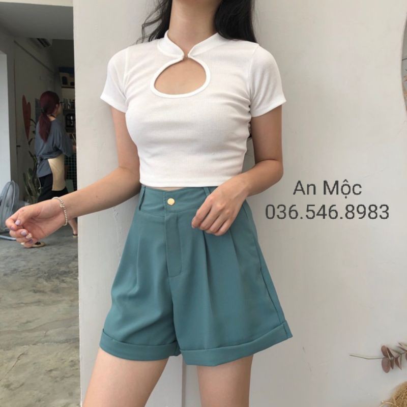 [AN MỘC] Quần Short đùi ống rộng lưng cao xếp ly gập gấu xanh Mint cá tính cho nữ