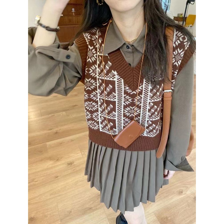 Áo sát nách ZHELIHANGFEI dệt kim cổ chữ V phối màu tương phản phong cách Nhật Bản thời trang thu đông mới dành cho nữ