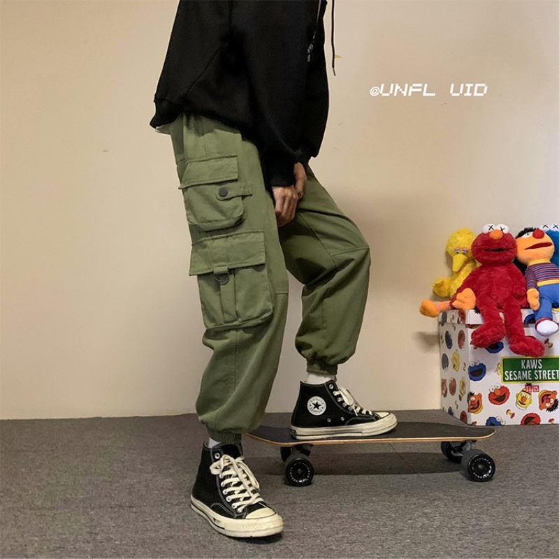 Quần dài ống rộng màu trơn thiết kế dây rút nhiều túi phong cách hiphop đường phố thời trang cho nam size m-4xl