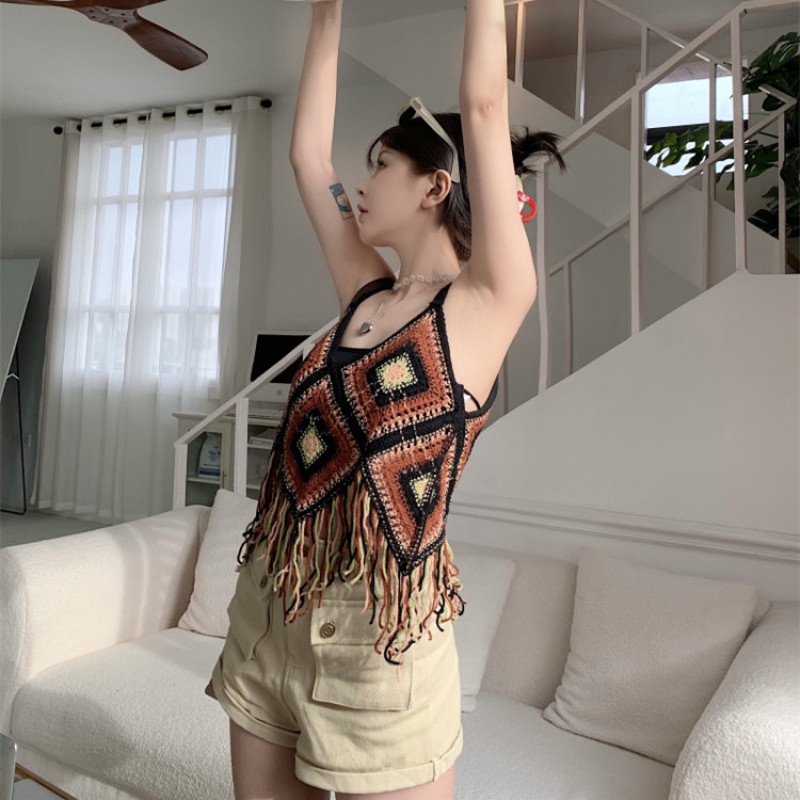 Áo Dệt Kim Hai Dây Cổ Chữ V Phối Tua Rua Thời Trang