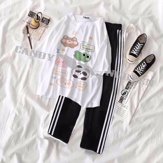 Sét Bộ Đồ Quần Áo Nữ Chào Hè Cotton Organic Ngắn Tay In 3D Cartoon Nửa Bơ Cute Mặc Ở Nhà Mix Quần Ống Rộng Thun Cát Màu