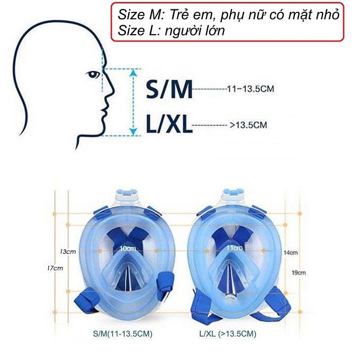 Mặt nạ mặt, kính lặn biển, mặt nạ lặn biển kèm ống thở - Mặt nạ lặn biển Fullface Snorkeling chính hãng