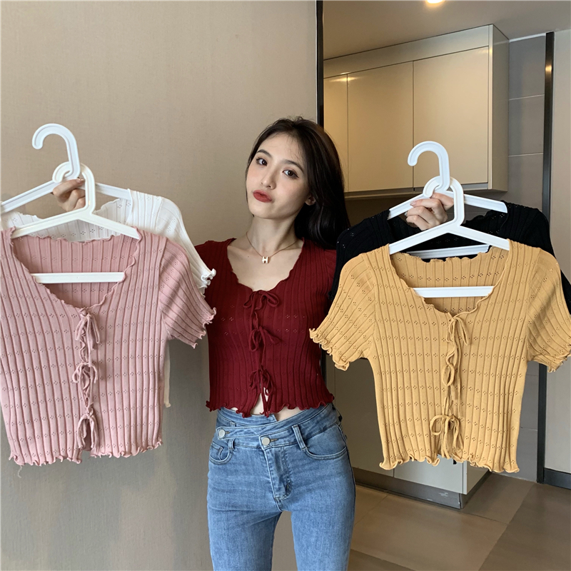 SUXI Áo Croptop Dệt Kim Tay Ngắn Thiết Kế Cổ Chữ V Nữ Tính