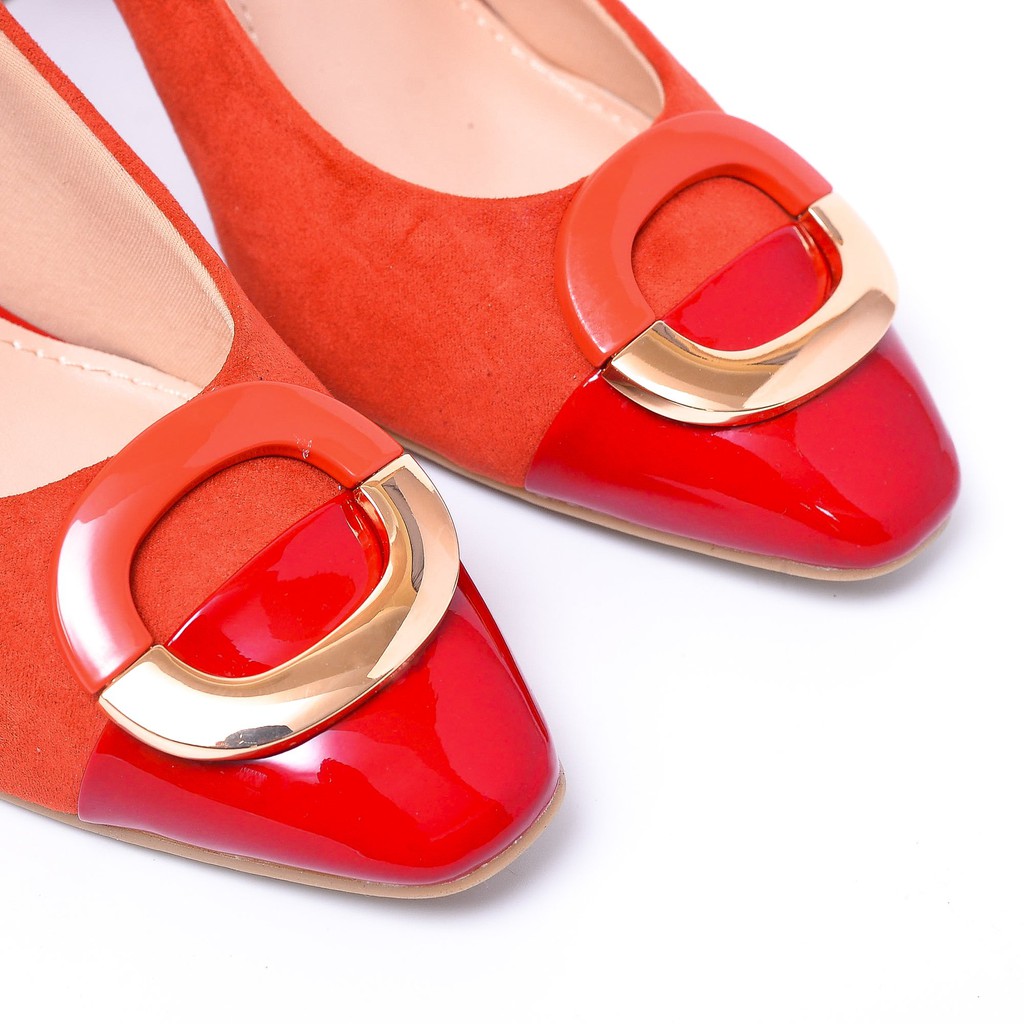 Giày Cao Gót Nữ Da LộN PhốI Khuy Đế Vuông Evashoes - EVA0057