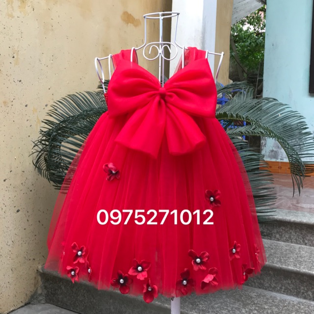 Váy tutu cho bé ❤️FREESHIP❤️ Váy tutu đỏ nơ hoa rơi tú cầu