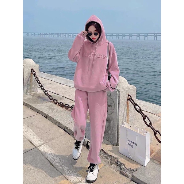 BỘ NỈ BÔNG HODDIES HỒNG CHỮ DẬP NỔI