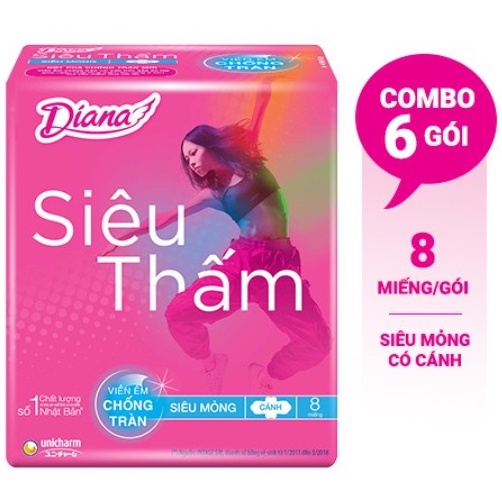 Bịch 6 Gói 8 Miếng Băng vệ sinh Diana siêu thấm siêu mỏng cánh