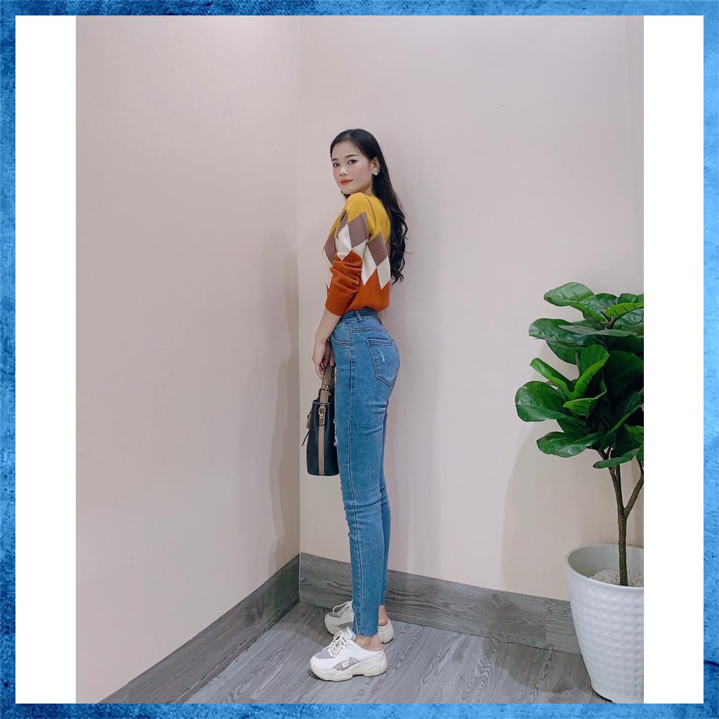 [Jeans thiết kế] Quần jeans nữ, quần bò skinny, lưng cao túi chéo1 khuy. Mã CV8026