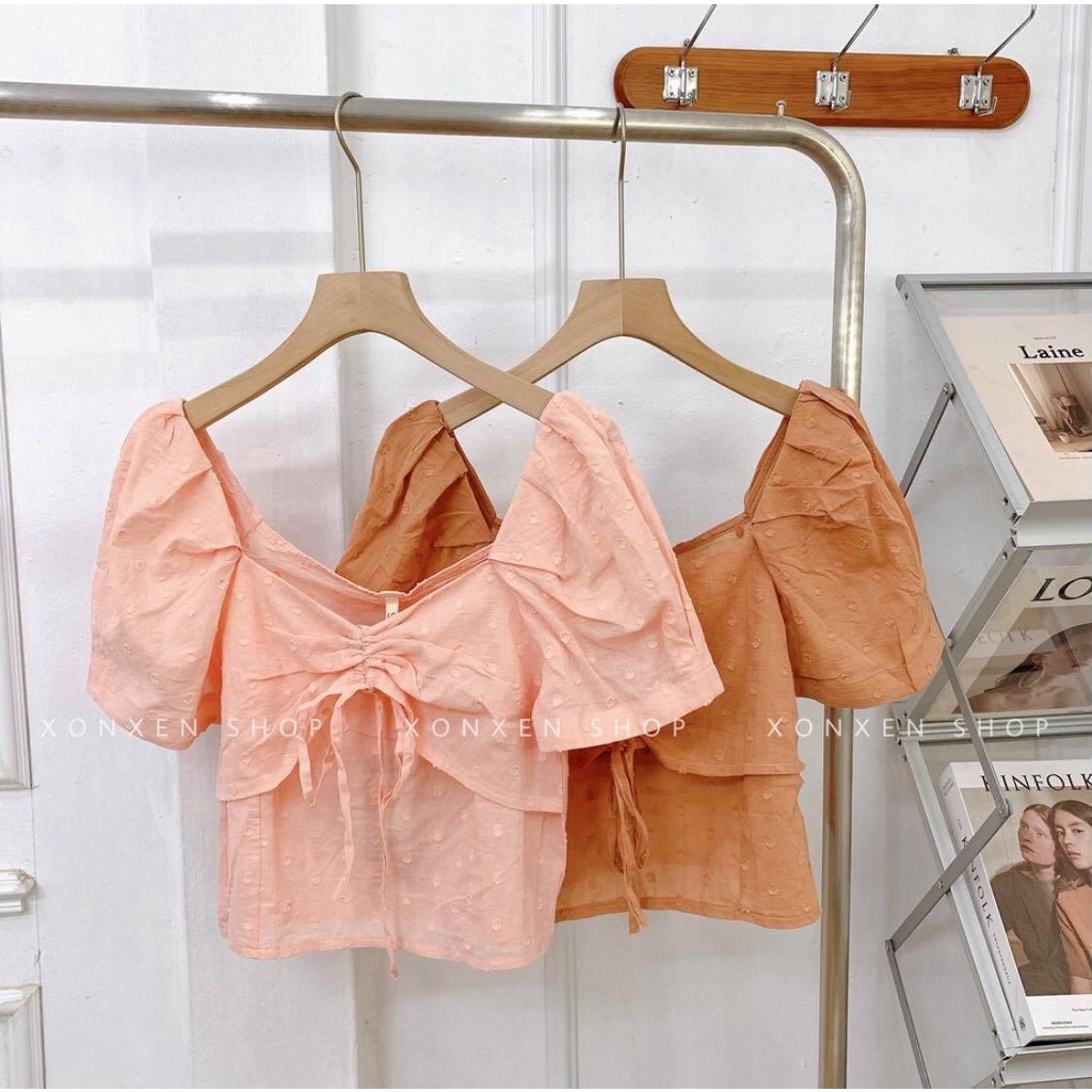 Áo kiểu croptop rút dây lên form cực dễ thương XONXEN SHOP QUY NHƠN freesize mã 3319