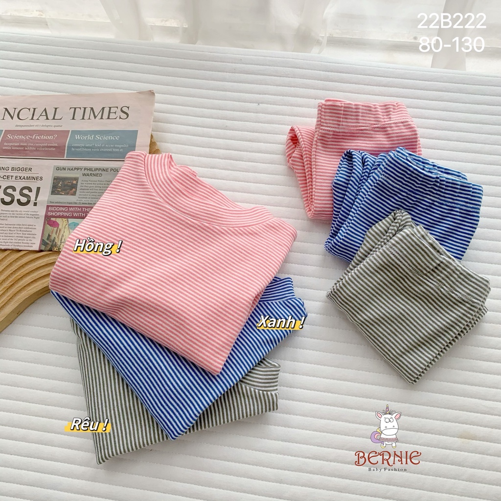 Bộ kẻ cổ lọ unisex cho bé, bộ thun dài tay cao cổ cotton thu đông cho bé
