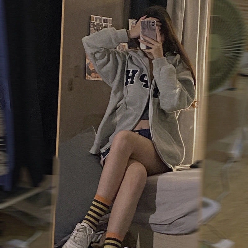 Áo khoác hoodie zip có mũ AHPH nỉ bông dáng rộng ulzzang