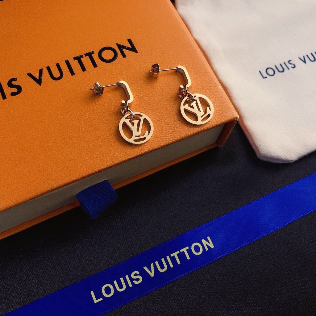 LOUIS VUITTON Khuyên Tai Tròn Bằng Thép Titan In Logo LV Thời Trang