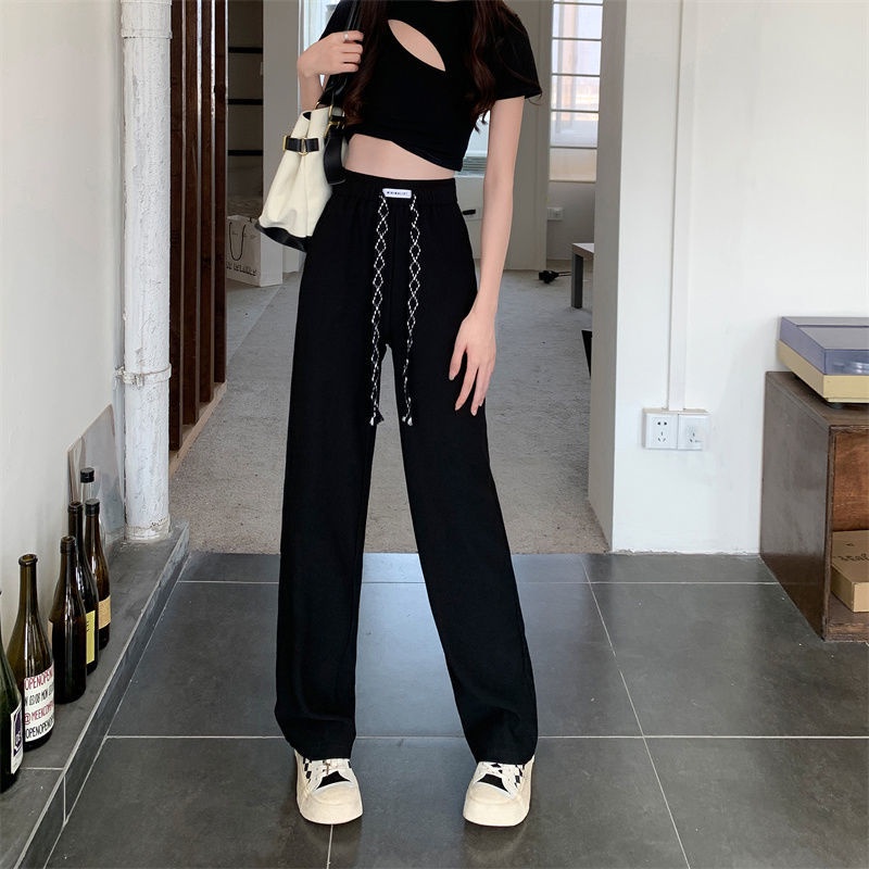 Quần Dài Ống Rộng Vải Lụa Lạnh Co Giãn Màu Đen Thời Trang Mùa Hè 2022 Cho Nữ