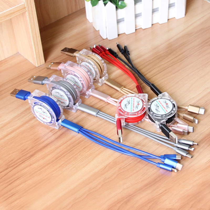 Cáp sạc điện thoại -Dây sạc điện thoại 3 đầu thiết kế dây rút tiện lợi