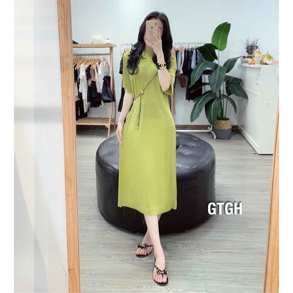 Đầm xếp ly dáng suông cổ tròn (bầu bí bon chen thoải mái) + hình thật