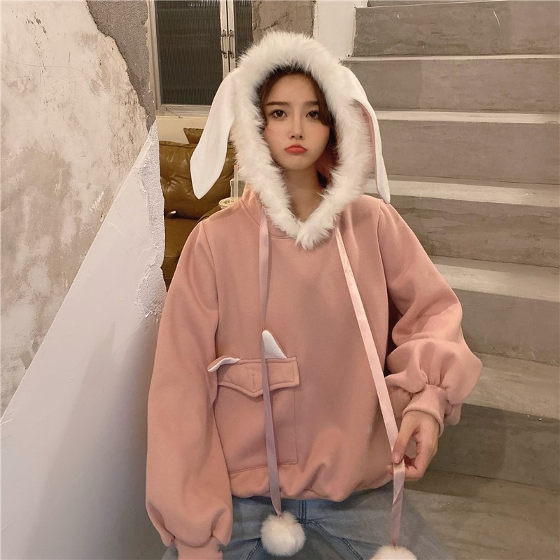 #O41 Áo khoác nỉ dày mũ lông tai thỏ cực ấm có túi 1 bên cực xinh cute