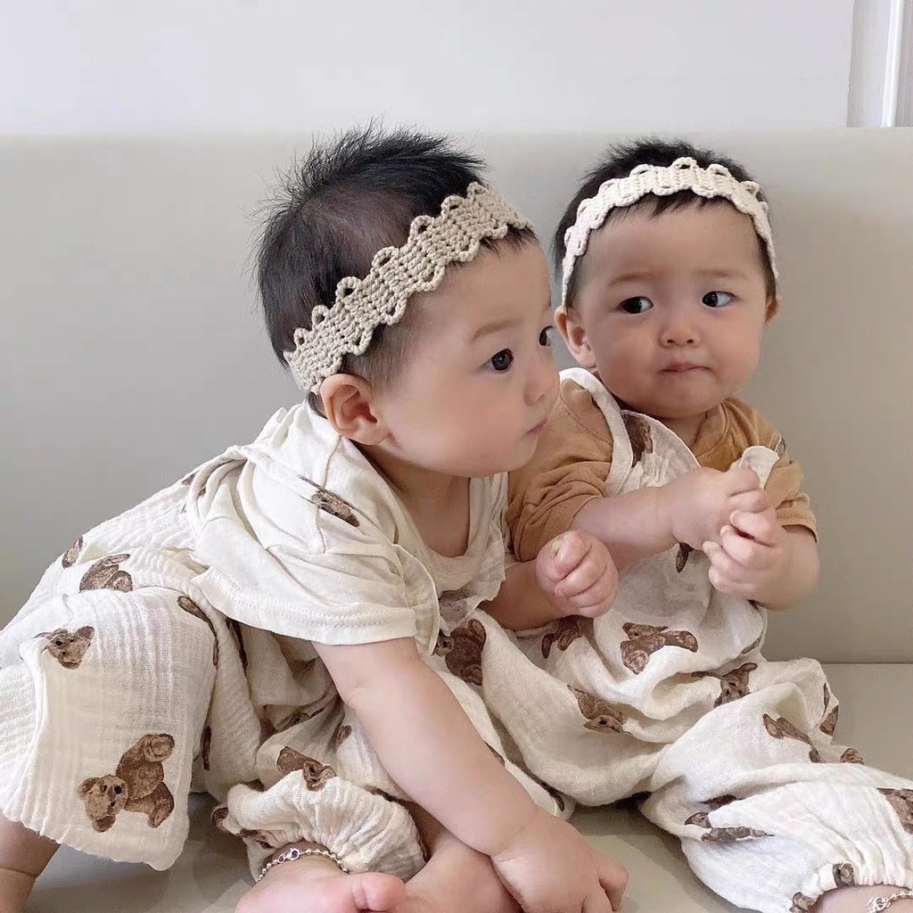 Bộ Áo Liền Quần Tam Giác Bằng Cotton In Họa Tiết Gấu Hoạt Hình + 1 Cái Nón Dễ Thương Dành Cho Bé Sơ Sinh