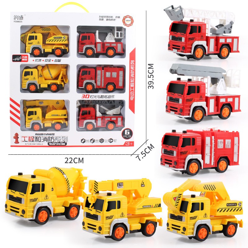 Bộ 6 xe công trình, Bộ xe cứu hỏa, bộ môi trường, Xe sử dụng pin và chạy, có nhạc - còi, Nhựa cao cấp an toàn