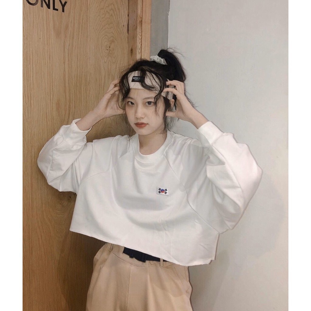 KOREA FLAG CROPTOP SWEATER - ÁO CROPTOP TAY BO THÊU CỜ HÀN TRẮNG TÍM UNISEX - CRT NỈ DÀI TAY BỒNG LÁ CỜ