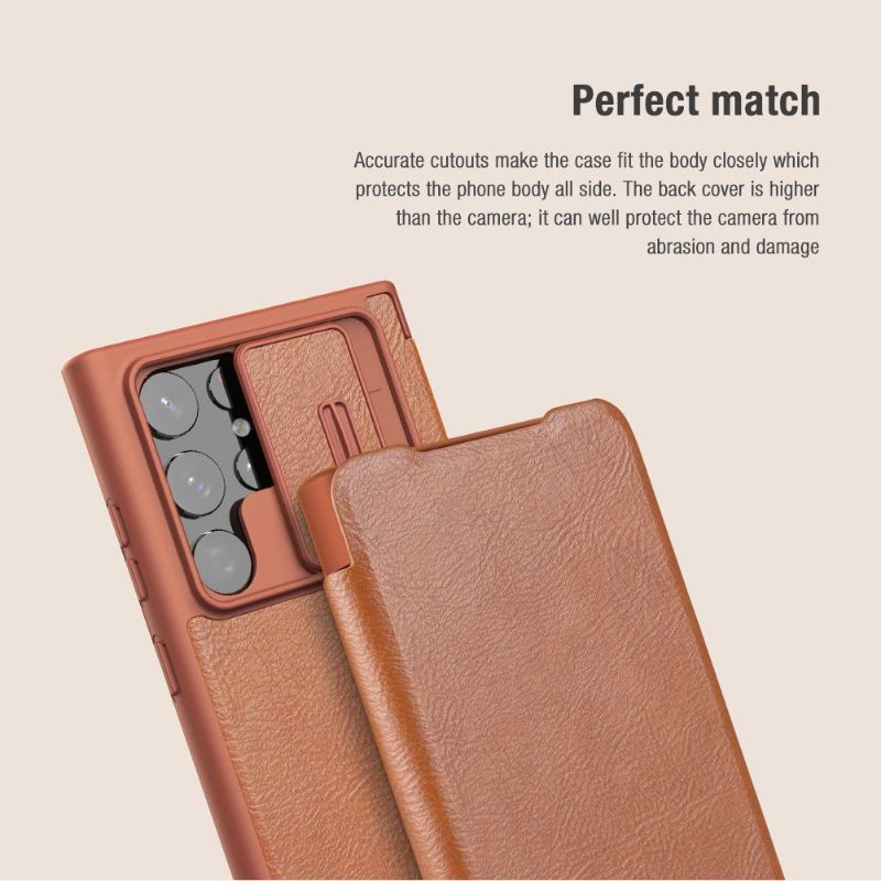 Bao da nillkin Qin samsung galaxy S22/S22 plus/S22 ultra da siêu đẹp có nắp bảo vệ camera.