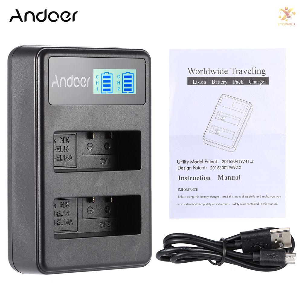 ET Andoer EN-EL14 EN-EL14A Rechargeable Li-ion Battery Charger Pack LED Display 2-Slot USB Cable Kit for  D3100 D3200 D3300 D5100 D5200 D5300 D5500 DF Coolpix P7000 P7100 P7700 P7800 DSLR Camera