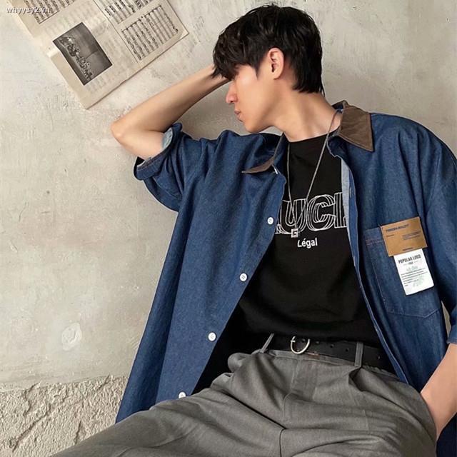 Áo sơ mi denim nam tay ngắn thiết kế dáng rộng phong cách retro Mỹ thời trang mùa hè mới 2021