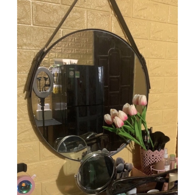 Gương tròn treo tường dây da cao cấp 50cm