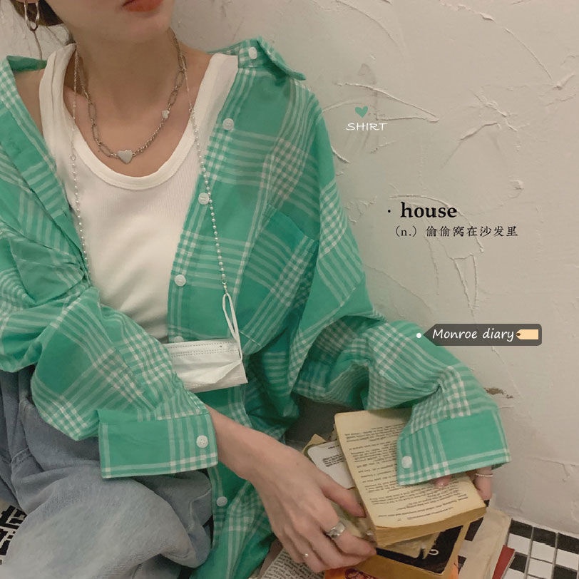 Áo sơ mi tay dài dáng rộng họa tiết sọc caro phong cách Hàn Quốc thời trang cho nữ