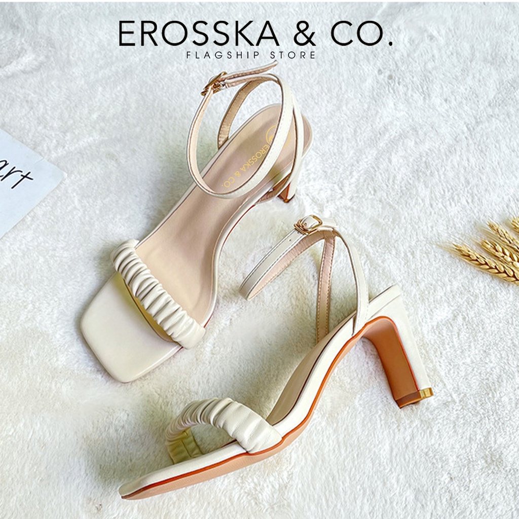 Erosska - Giày sandal cao gót nữ 2022 mũi vuông quai nhún cao 8cm màu nude - EB044