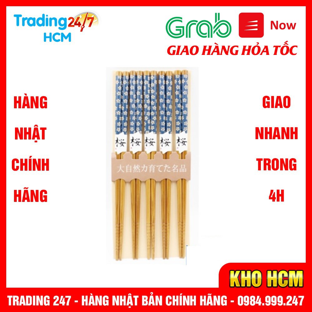 [Hỏa tốc HCM] Bộ 5 đũa mẫu hoa xanh làm bằng tre 22.5cm chống mốc, chống trơn trượt khi gắp Nhật Bản