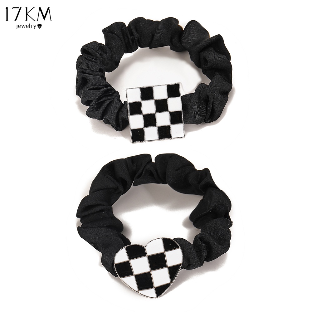 Dây cột tóc 17KM mặt hình vuông/trí tim hoạ tiết kẻ sọc đen đơn giản phụ kiện tóc xinh xắn cho nữ
