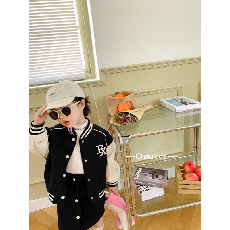 Sét váy kèm áo khoác thu đông cho bé gái, set áo khoác Bomber FX kèm chân váy khỏe khoắn cho bé