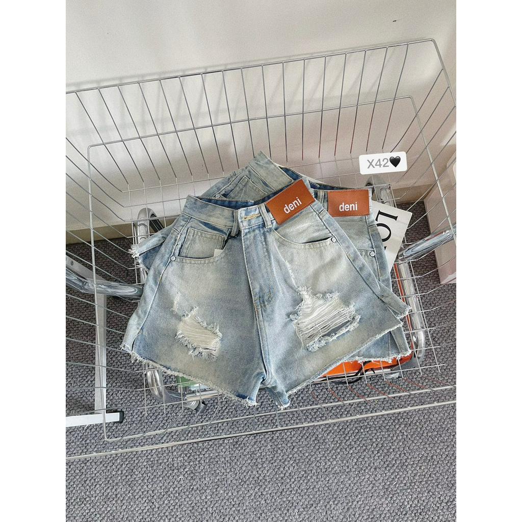 [SODM42] QUẦN SHORT JEAN ĐÙI NỮ LƯNG CAO RÁCH 2 MẢNG ĐÙI MẠC NÂU CHỮ DENI XẺ LAI LAI TUA MÀU XANH NHẠT MÁT MẺ HOT HIT