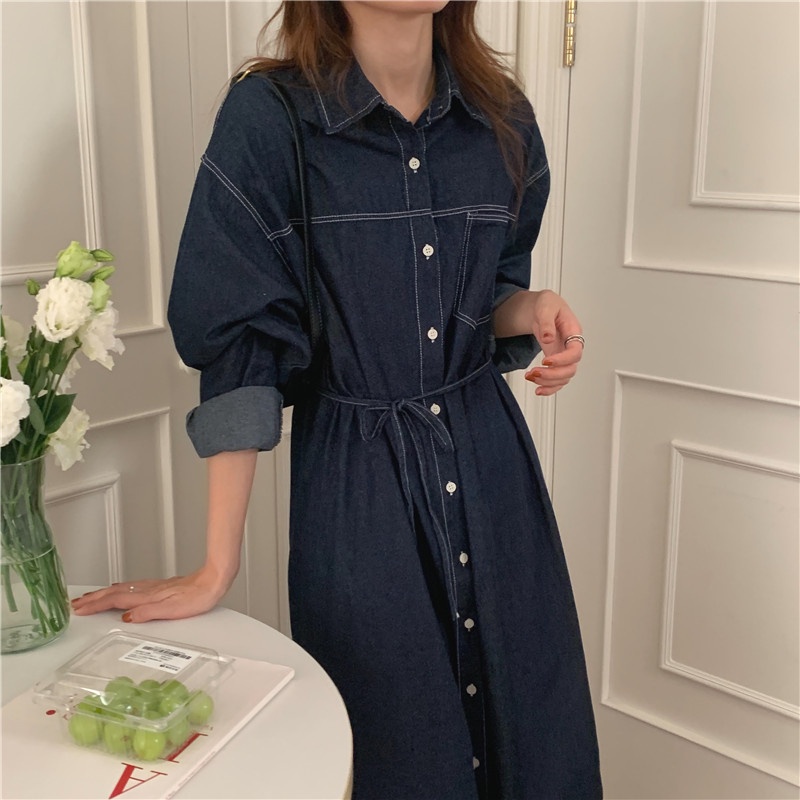 Đầm Denim Tay Dài Cột Dây Thời Trang Trẻ Trung 45980