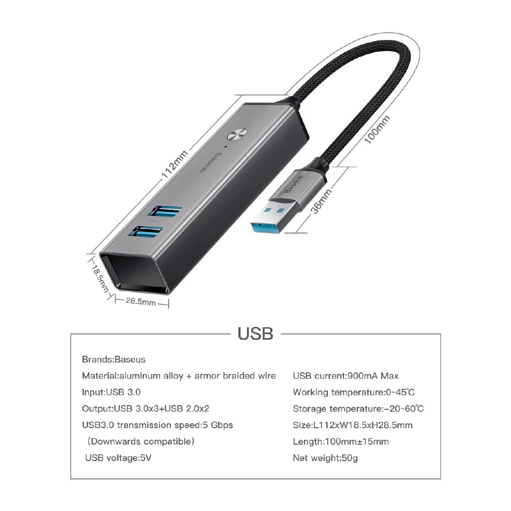 Đầu chia cổng cắm Baseus USB 3.0 loại C đa năng