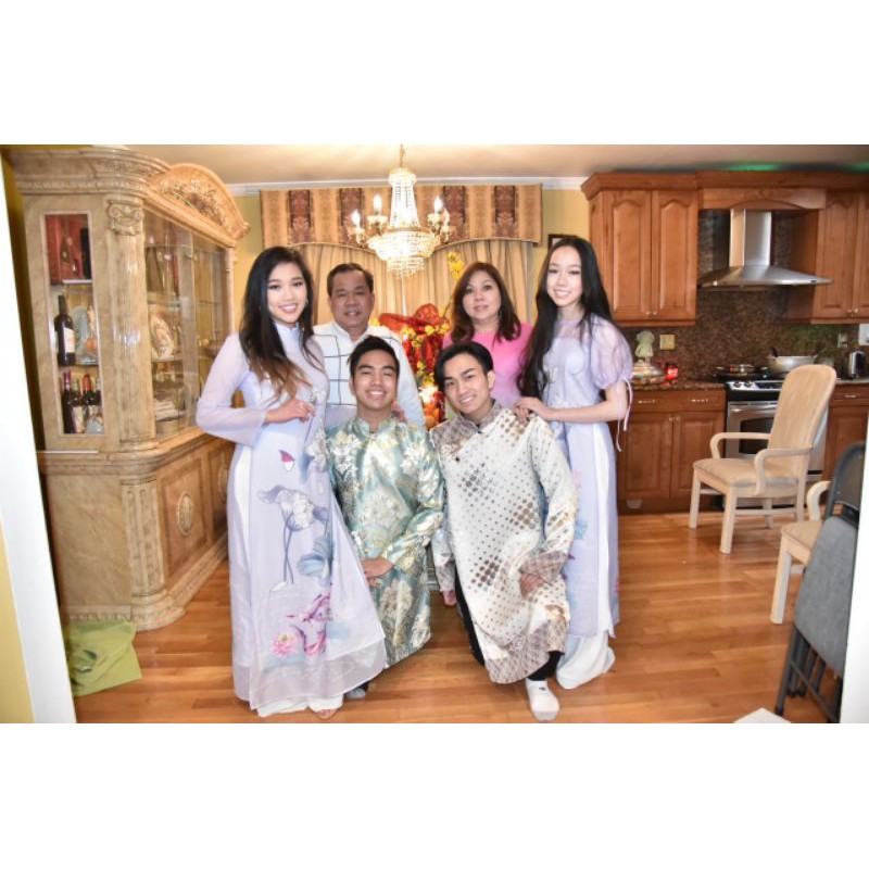 Áo dài nữ hoa sen thêu cườm tinh tế - mẫu mới - KHÔNG ĐÍNH KẾT